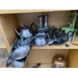 AN ASSORTMENT OF METAL WARE ITEMS TO INCLUDE A PEWTER VASE, CUTLERY AND A MINCER ETC