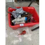 AN ASSORTMENT OF TOOLS TO INCLUDE SPANNERS AND A PUMP ACTION OIL CAN ETC