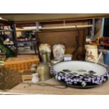 A LARGE MIXED LOT TO INCLUDE A LARGE SHERATON BOWL, VASES, MAPPIN AND WEBB CARRIAGE CLOCK, WOODEN