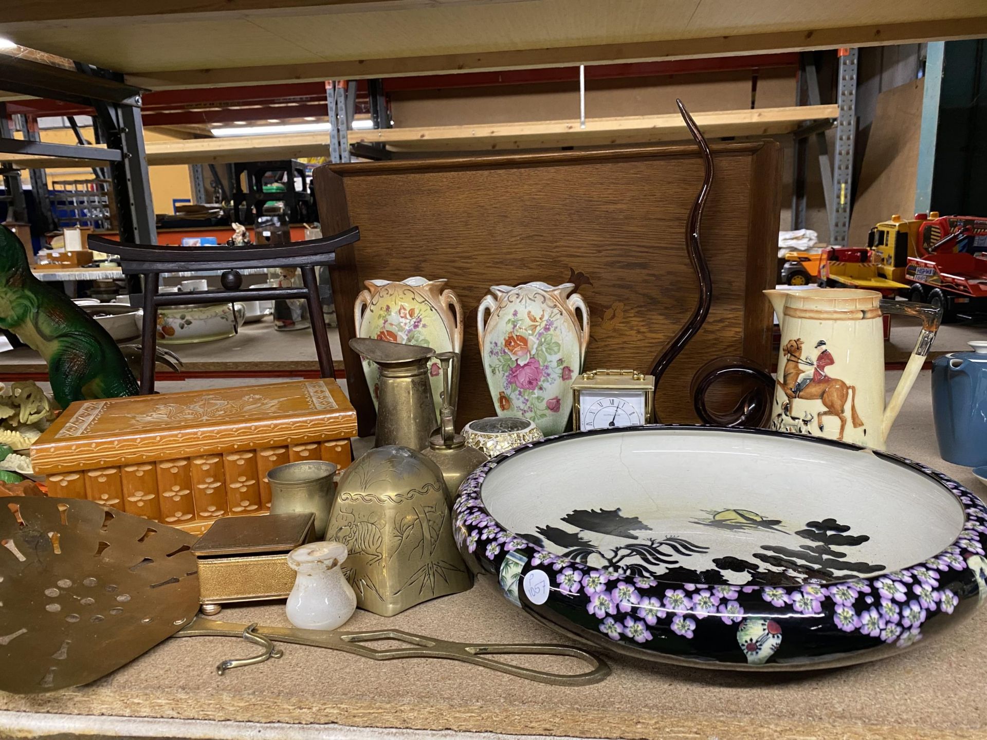 A LARGE MIXED LOT TO INCLUDE A LARGE SHERATON BOWL, VASES, MAPPIN AND WEBB CARRIAGE CLOCK, WOODEN