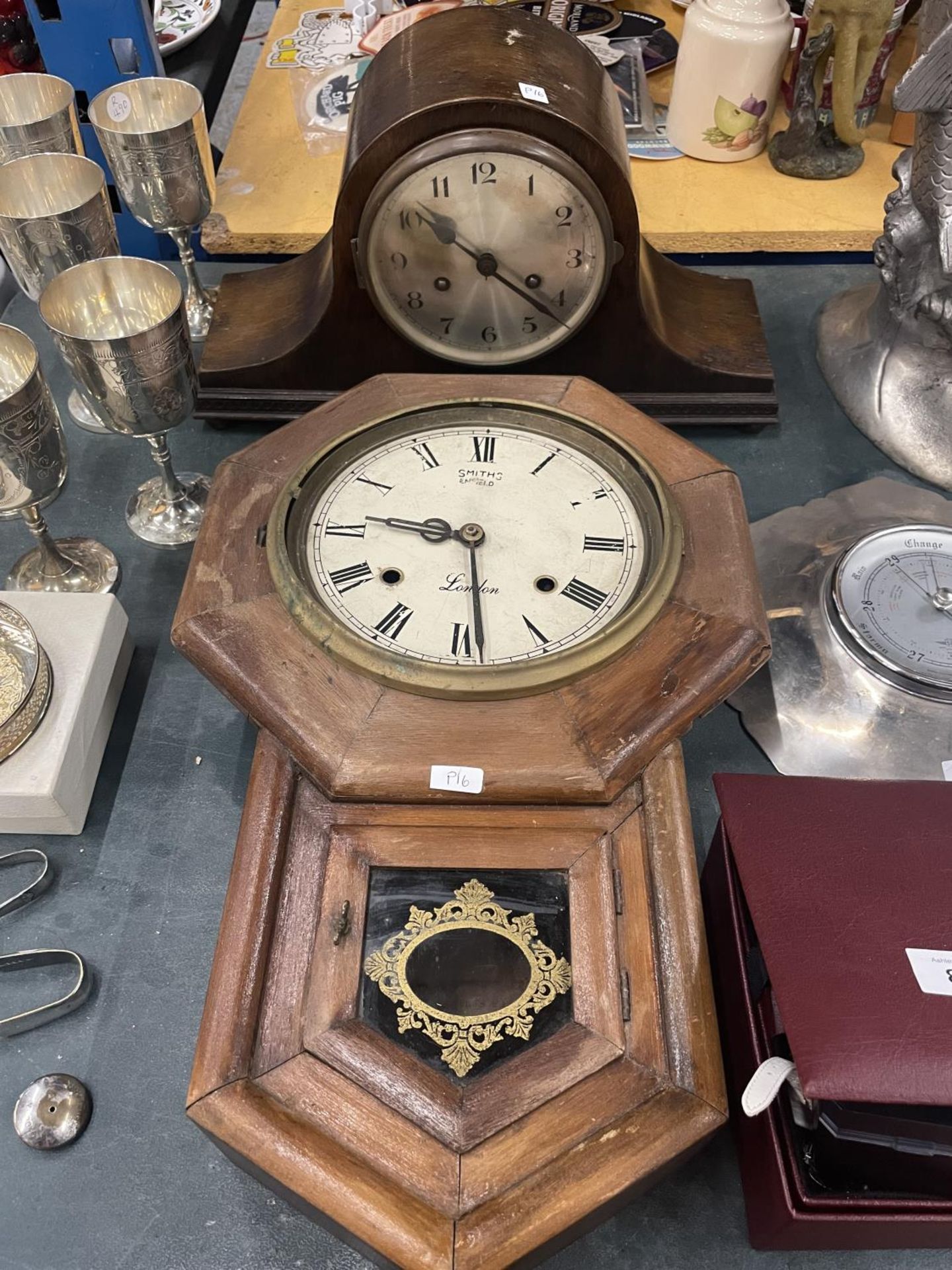 A VINTAGE SMITH'S ENFIELD MAHOGANY CASED WALL CLOCK IN NEED OF RESTORATION PLUS A NAPOLEON'S HAT