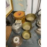 THREE GRADUATING BRASS PANS, A PEWTER LIDDED POT WITH LION HANDLES, BAROMETER AND VINTAGE TINS