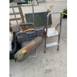 A SMALL ALUMINIUM STEP LADDER, A TROLLEY AND A TOOL BOX ETC