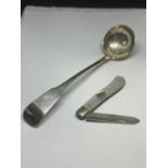 TWO ITEMS - A MOTHER OF PEARL & HALLMARKED SILVER FRUIT KNIFE TOGETHER WITH A BELIEVED SILVER LADLE,