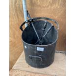 A BLACK METAL COAL BUCKET AND THREE FIRESIDE COMPNAION ITEMS