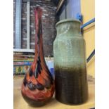 A LARGE WEST GERMAN VASE AND A RETRO STYLE ART GLASS VASE