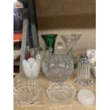 A QUANTITY OF GLASSWARE TO INCLUDE VASES, BASKET, ROSE BOWL, SUGAR SIFTER ETC.,