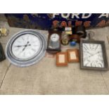 AN ASSORTMENT OF WALL CLOCKS, MANTLE CLOCKS AND PICTURE FRAMES ETC