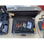 A TOOL CASE WITH AN ASSORTMENT OF TOOLS TO INCLUDE SCREW DRIVERS, PLIERS AND SNIPS ETC