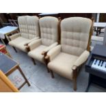 A MODERN BEECH FRAMED THREE PIECE LOUNGE SUITE WITH BUTTON-BACK