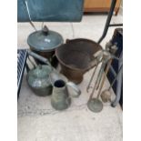 AN ASSORTMENT OF VINTAGE ITEMS TO INCLUDE A COPPER KETTLE, COPPER COAL BUCKET AND A FIRESIDE