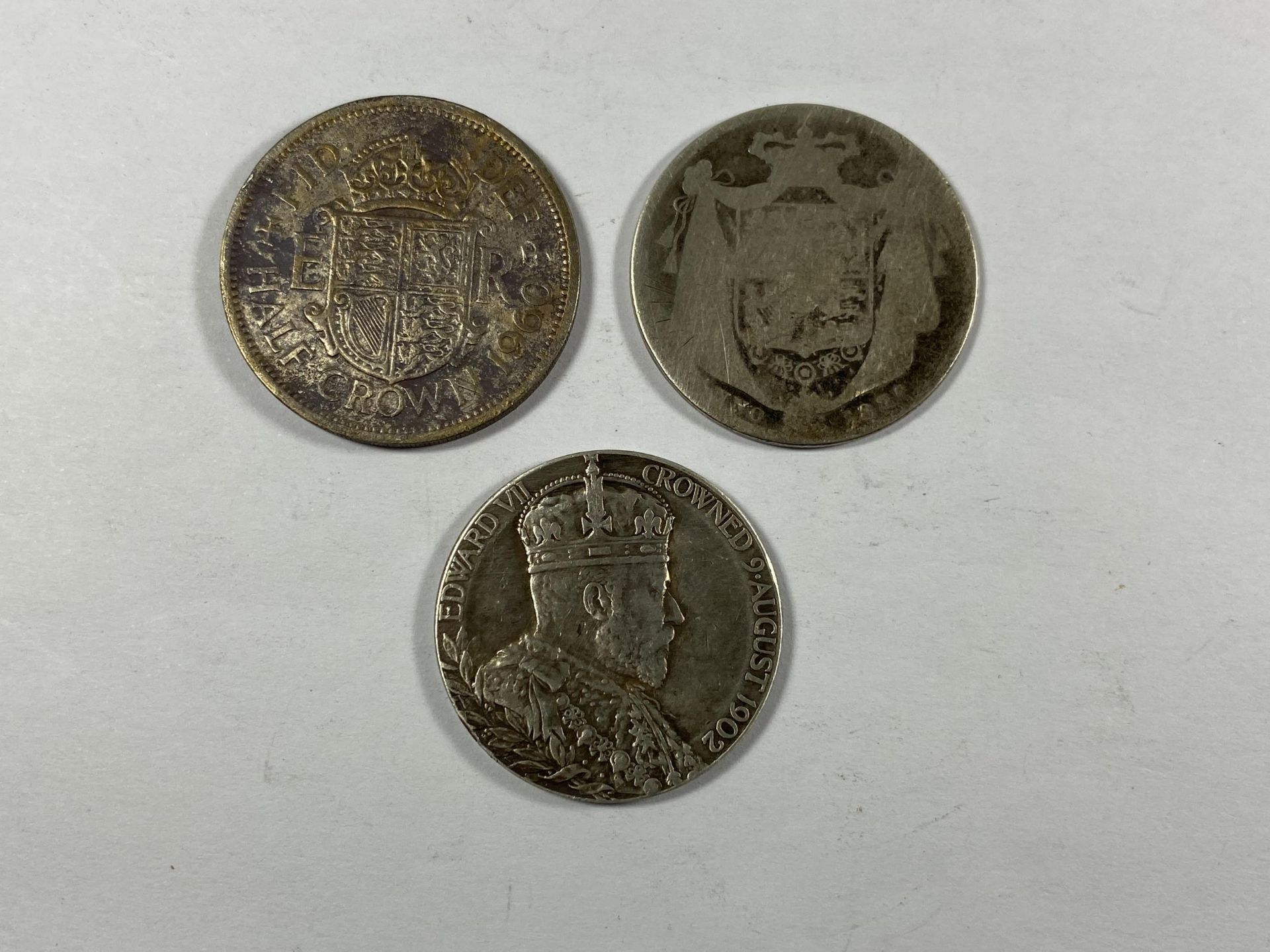 THREE RARE COINS - EDWARD VII 1902 CONSORT CORONATION MEDAL, 1960 HALF CROWN & GEORGE III 1835