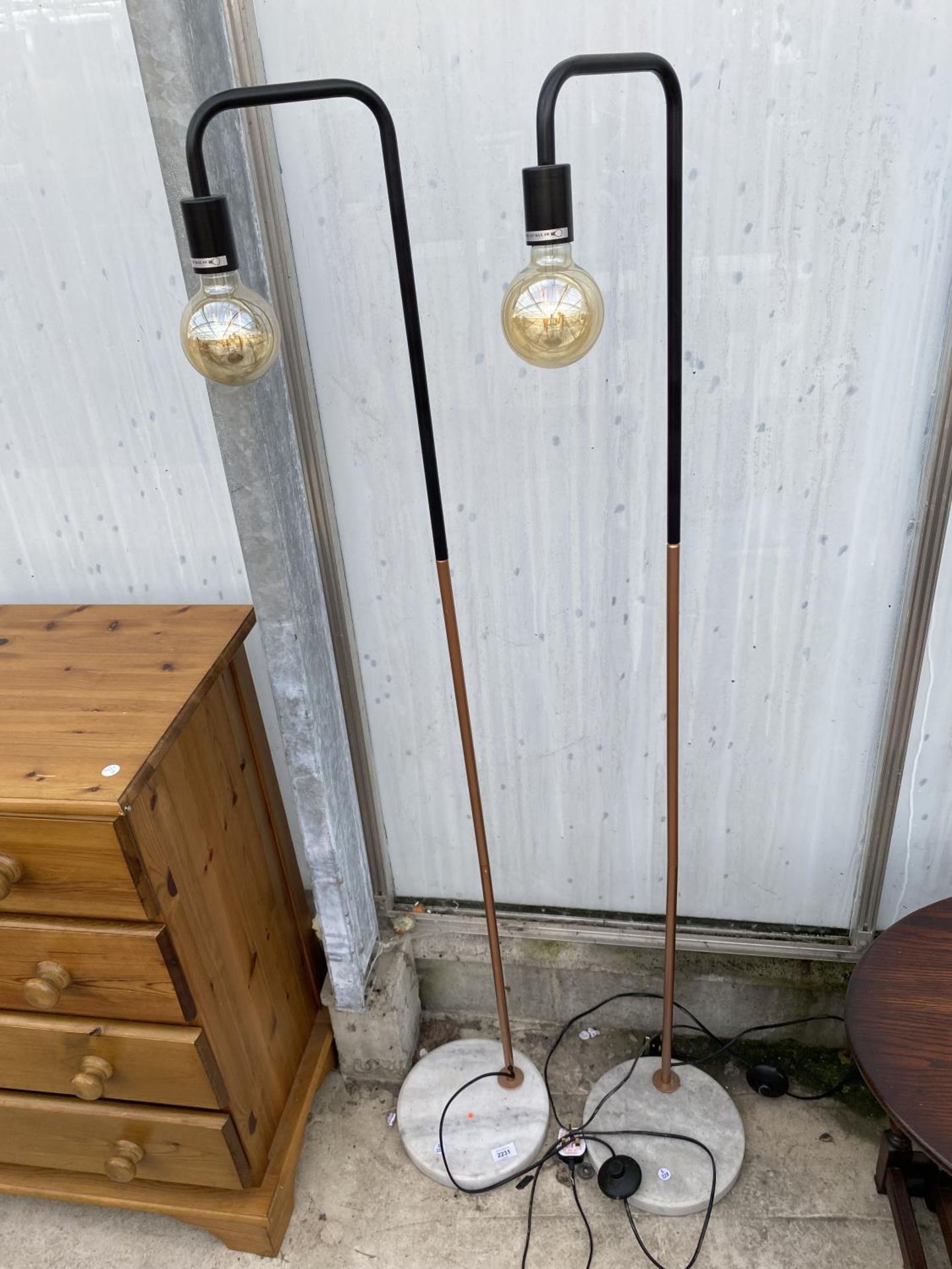 TWO MODERN 'KIRKTON HOUSE' VINTAGE STYLE FLOOR LAMPS WITH ROUND MARBLE BASES