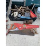 AN ASSORTMENT OF HAND TOOLS TO INCLUDE PLANES, HAMMERS AND SAWS ETC