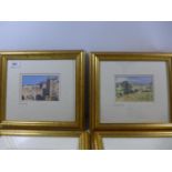 A SET OF EIGHT SIGNED FRAMED AND GLAZED COLOURED PRINTS OF CITY AND COUNTRY SCENES, 9X12CM