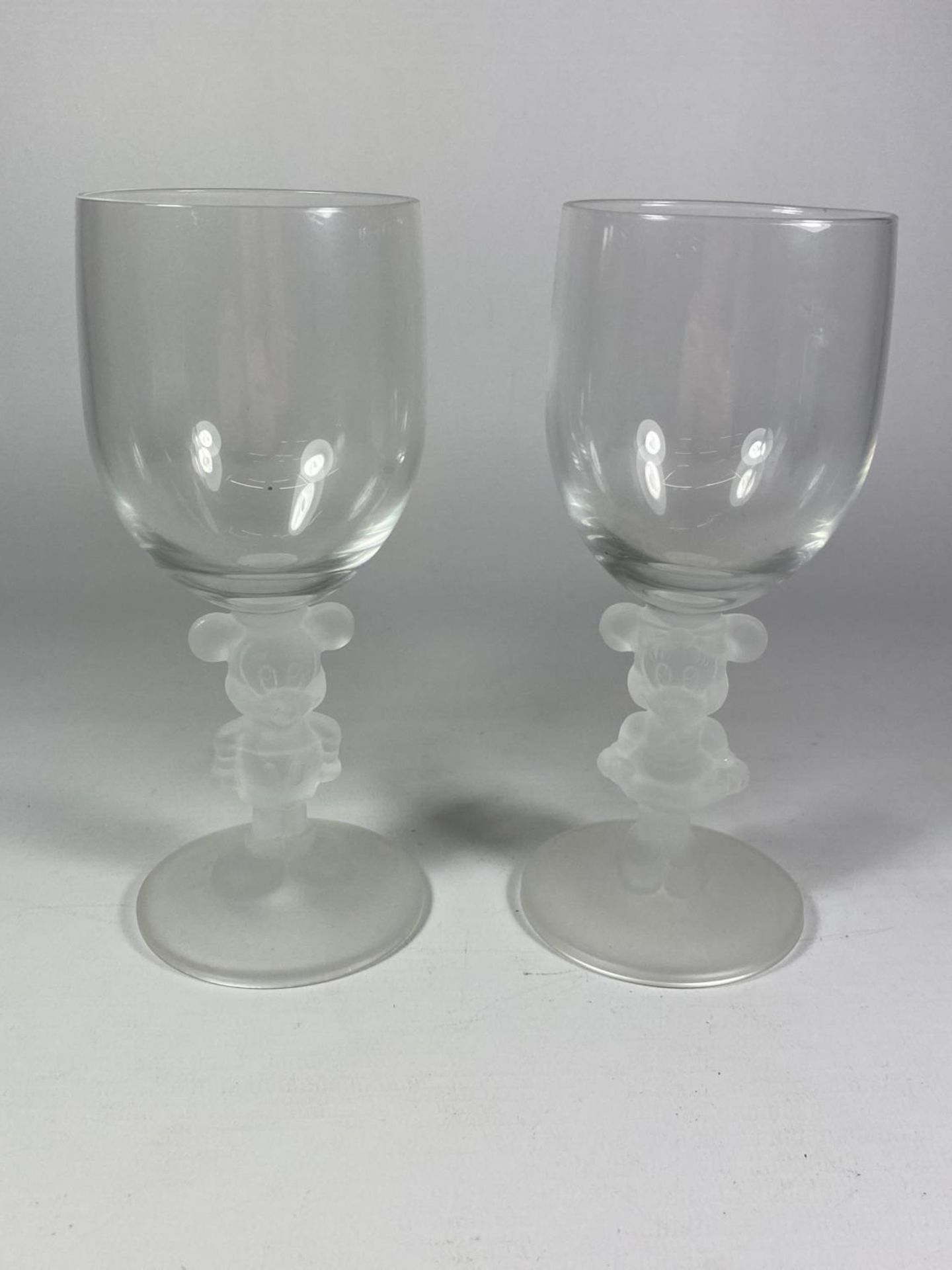 TWO FROSTED GLASS DISNEY MICKEY & MINNIE HOUSE DESIGN GLASSES