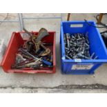 A LARGE ASSORTMENT OF TOOLS AND HARDWARE TO INCLUDE, NUTS AND BOLTS, PLIERS AND RAW BOLTS ETC