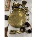 A QUANTITY OF BRASSWARE TO INCLUDE TWO GONGS, SMALL TANKARD, AN ANVIL, BRASS KEY ETC.,