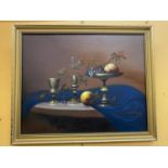 A GILT FRAMED DUTCH STYLE STILL LIFE OIL PAINTING, SIGNED TO LOWER RIGHT CORNER, 57 X 46CM
