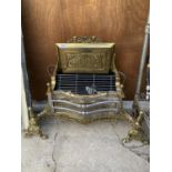 A BRASS ELECTRIC FIRE WITH FIRE DOGS ETC