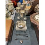 A SET OF SIX SILVER PLATED ETCHED WINE GOBLETS, A WINE BOTTLE COASTER PLUS SUGAR/ICE TONGS