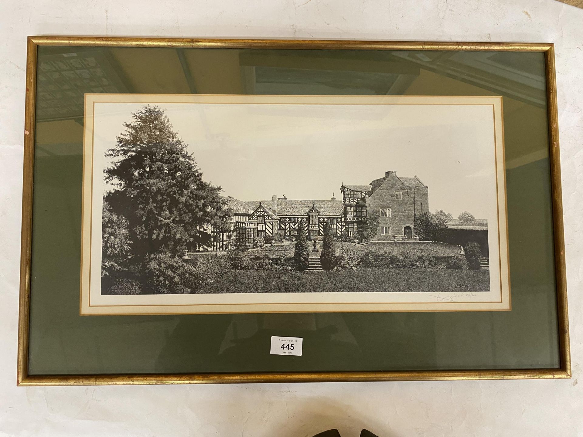 WILLIAM GELDART (BRITISH) LIMITED EDITION PRINT, VIEW OF GAWSWORTH HALL, CHESHIRE, 25X51CM, FRAMED