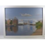T SWANSON (20TH CENTURY) CANAL INDUSTRIAL SCENE WITH LIFTED BRIDGE, OIL ON CANVAS, SIGNED,