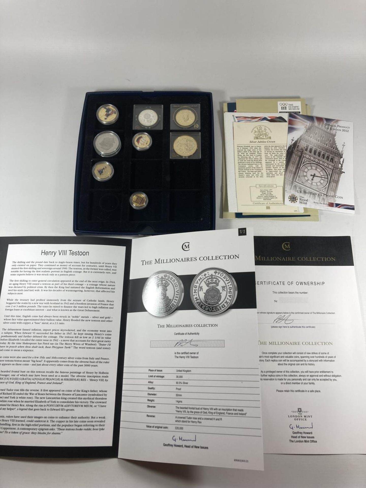 A MIXED LOT OF COMMEMORATIVE AND FURTHER COINS TO INCLUDE THREE MILLIONAIRES COLLECTION SILVER COINS