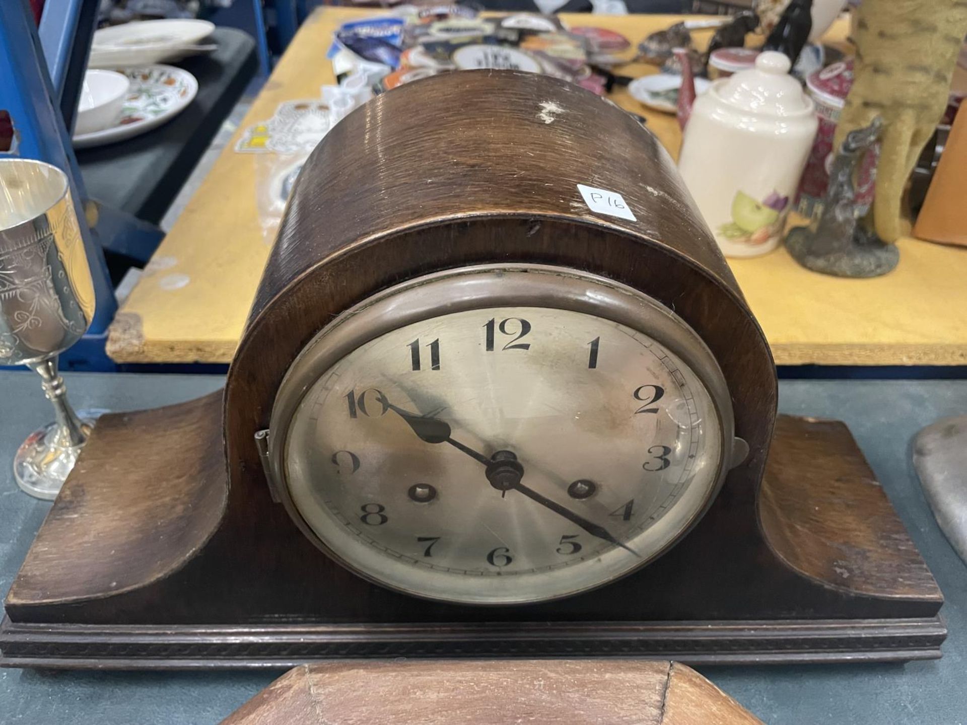 A VINTAGE SMITH'S ENFIELD MAHOGANY CASED WALL CLOCK IN NEED OF RESTORATION PLUS A NAPOLEON'S HAT - Image 4 of 4