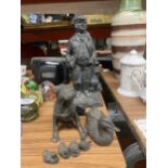 THREE PLASTER COAL GAMEKEEPER FIGURES TOGETHER WITH DOG FIGURE AND DUCKS