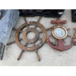 A WOODEN SHIPS WHEEL AND A NAUTICAL CLOCK