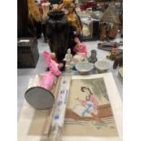 VARIOUS ORIENTAL THEMED ITEMS TO INCLUDE A VASE, DOLLS, FAN, PARCHMENTS ETC