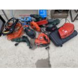 AN ASSORTMENT OF POWER TOOLS TO INCLUDE BOSCH DRILLS, BLACK AND DECKER SAWS AND PALM SANDERS ETC