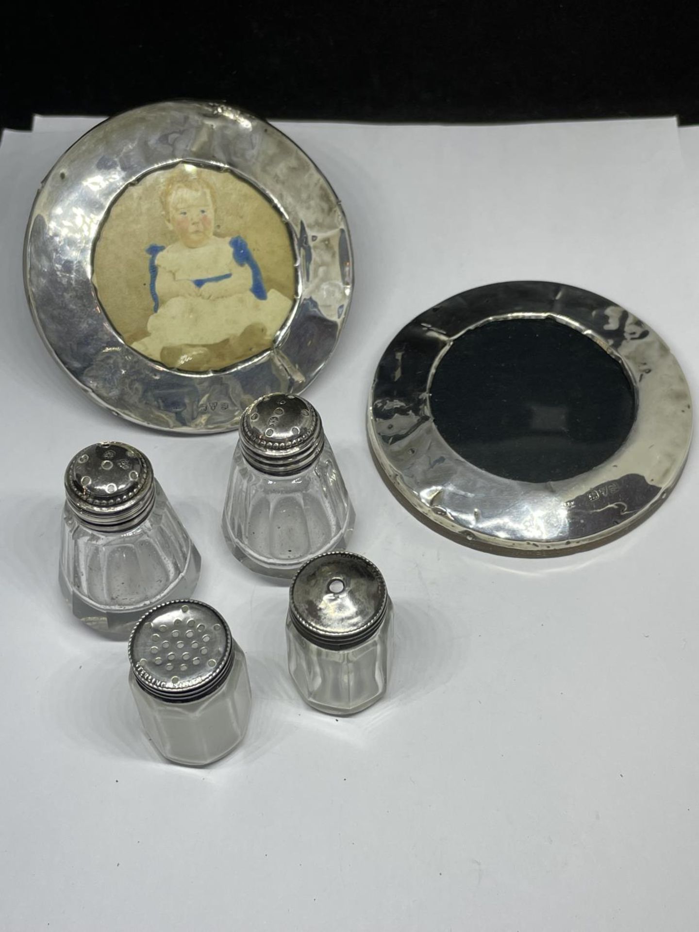 VARIOUS SILVER ITEMS TO INCLUDE FRAMES, SALT AND PEPPER POTS