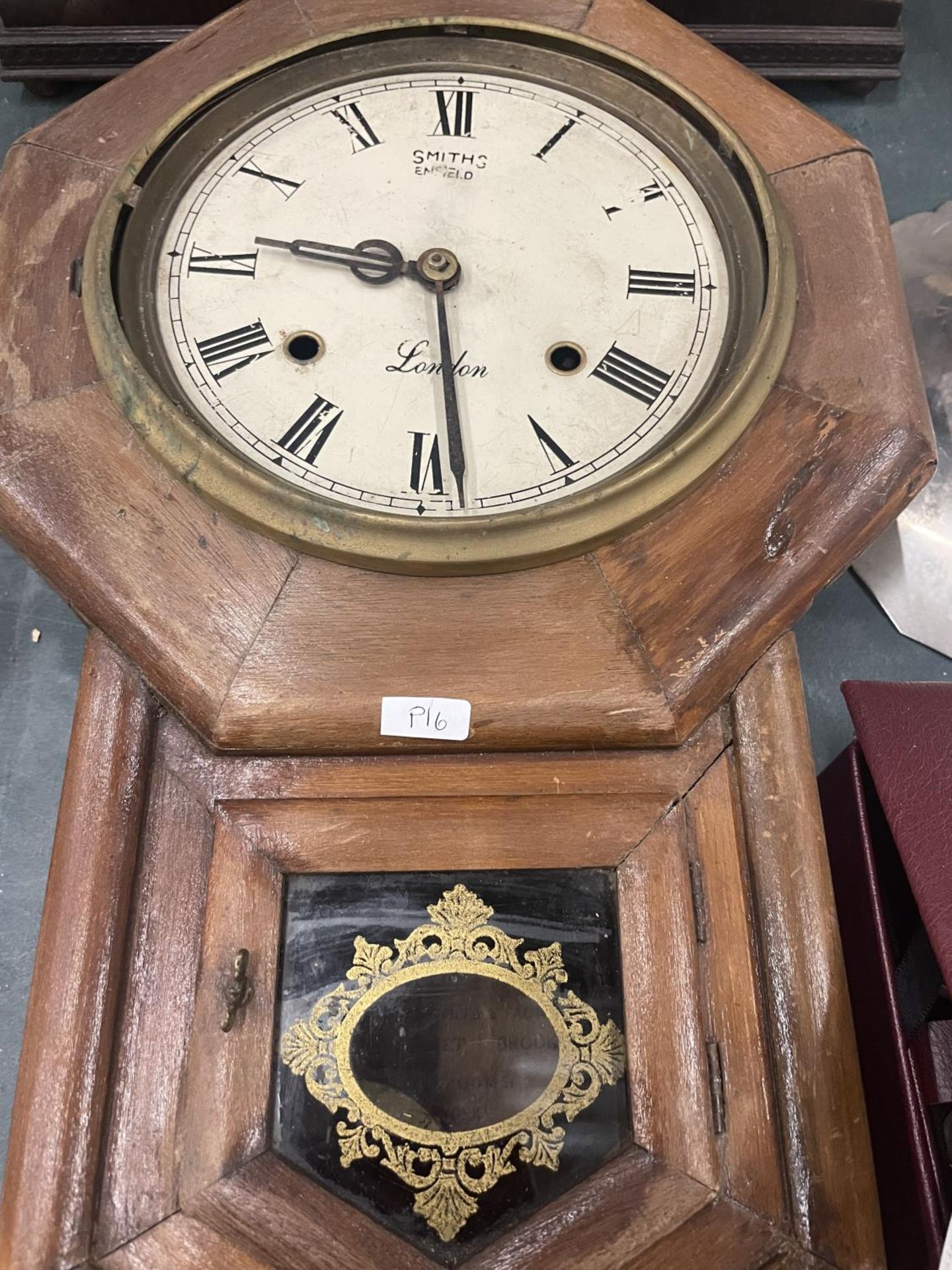 A VINTAGE SMITH'S ENFIELD MAHOGANY CASED WALL CLOCK IN NEED OF RESTORATION PLUS A NAPOLEON'S HAT - Image 2 of 4