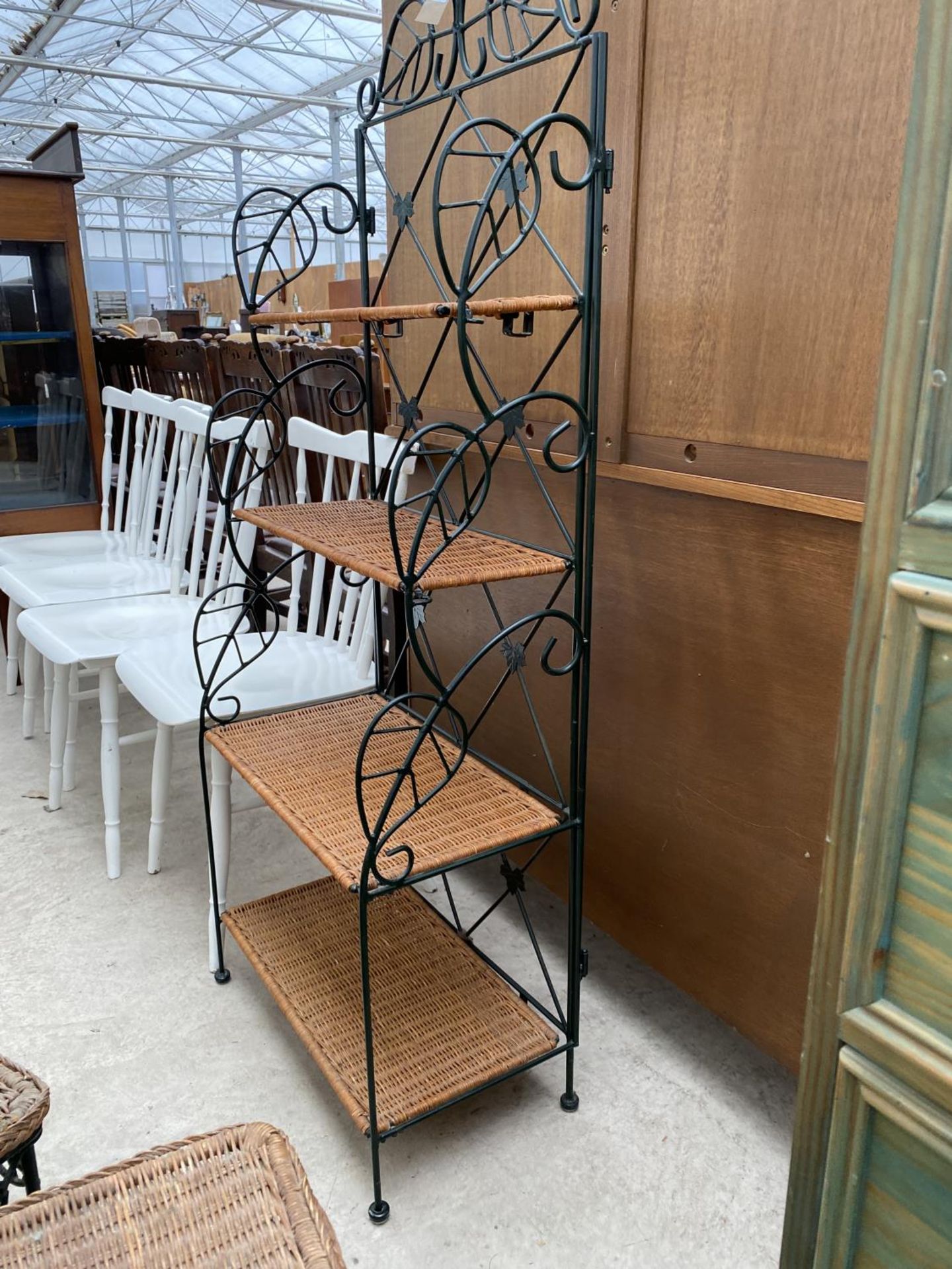 WROUGHT IRON AND WICKER WATERFALL BOOKSHELVES AND PAIR OF SIMILAR TABLE LAMPS - Image 3 of 5