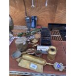 AN ECLECTIC ASSORTMENT OF ITEMS TO INCLUDE A MINITURE BRASS MILK CHURN, MOBILE PHONES AND A TOY