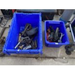 AN ASSORTMENT OF TOOLS TO INCLUDE AFUEL NOZZLE, POTATO RICER, ELECTRIC JIGSAW AND OIL CAN ETC
