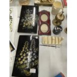 TWO BLACK LACQUERED HAND PAINTED FLORAL PLAQUES, LURPAK TOAST RACK, PICTURE FRAME, BRASS BELL, ETC.,