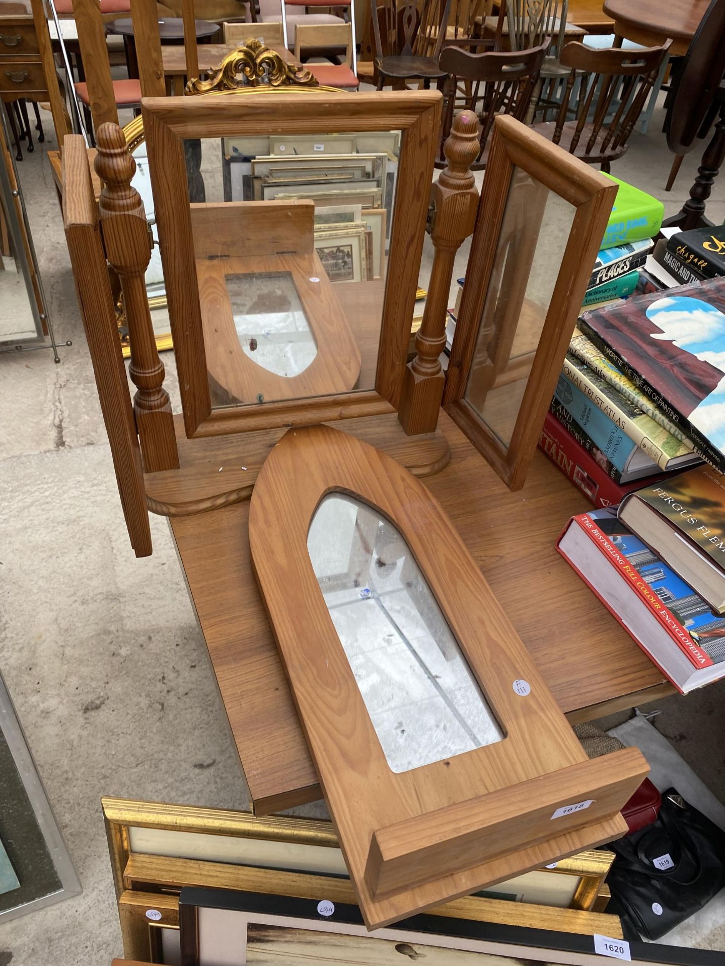 A PINE SWING FRAME DRESSING TABLE MIRROR AND A FURTHER PINE FRAMED MIRROR