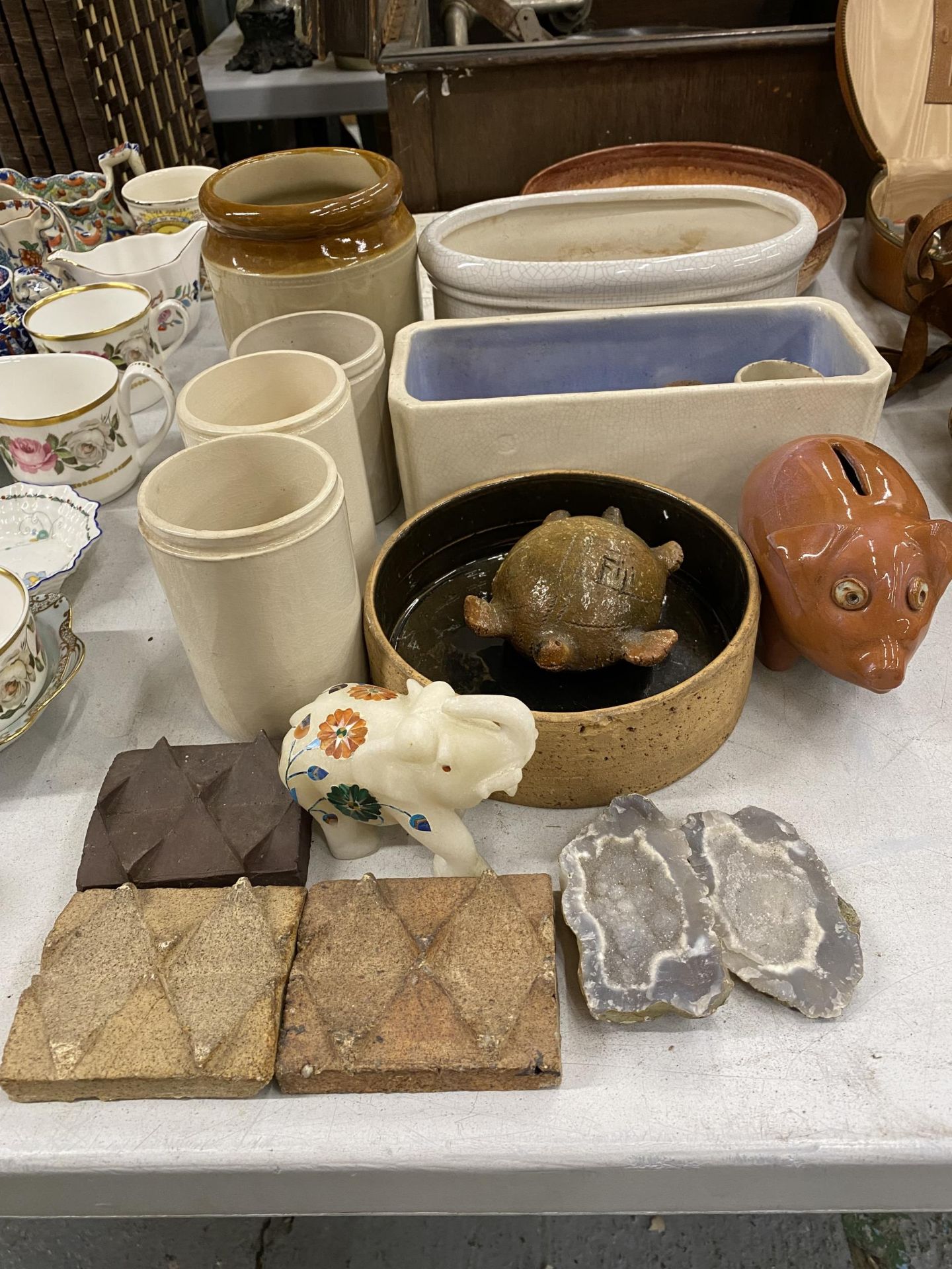 A LARGE QUANTITY OF STONEWARE ITEMS TO INCLUDE MARMALADE POTS, PLANTERS, BOWLS, FIGURES, INLAID - Image 2 of 3