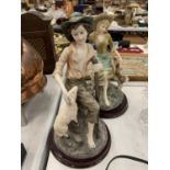 TWO LARGE CONTINENTAL STYLE FIGURINES ON WOODEN BASES HEIGHT APPROX 32CM