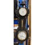 A 19TH CENTURY COALBROOKDALE STYLE CAST METAL WALL CLOCK / BAROMETER, HEIGHT 64CM