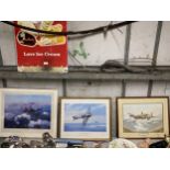 THREE FRAMED PRINTS OF FIGHTER PLANES TO INCLUDE A LANCASTER BOMBER AND SPITFIRE WITH PENCIL