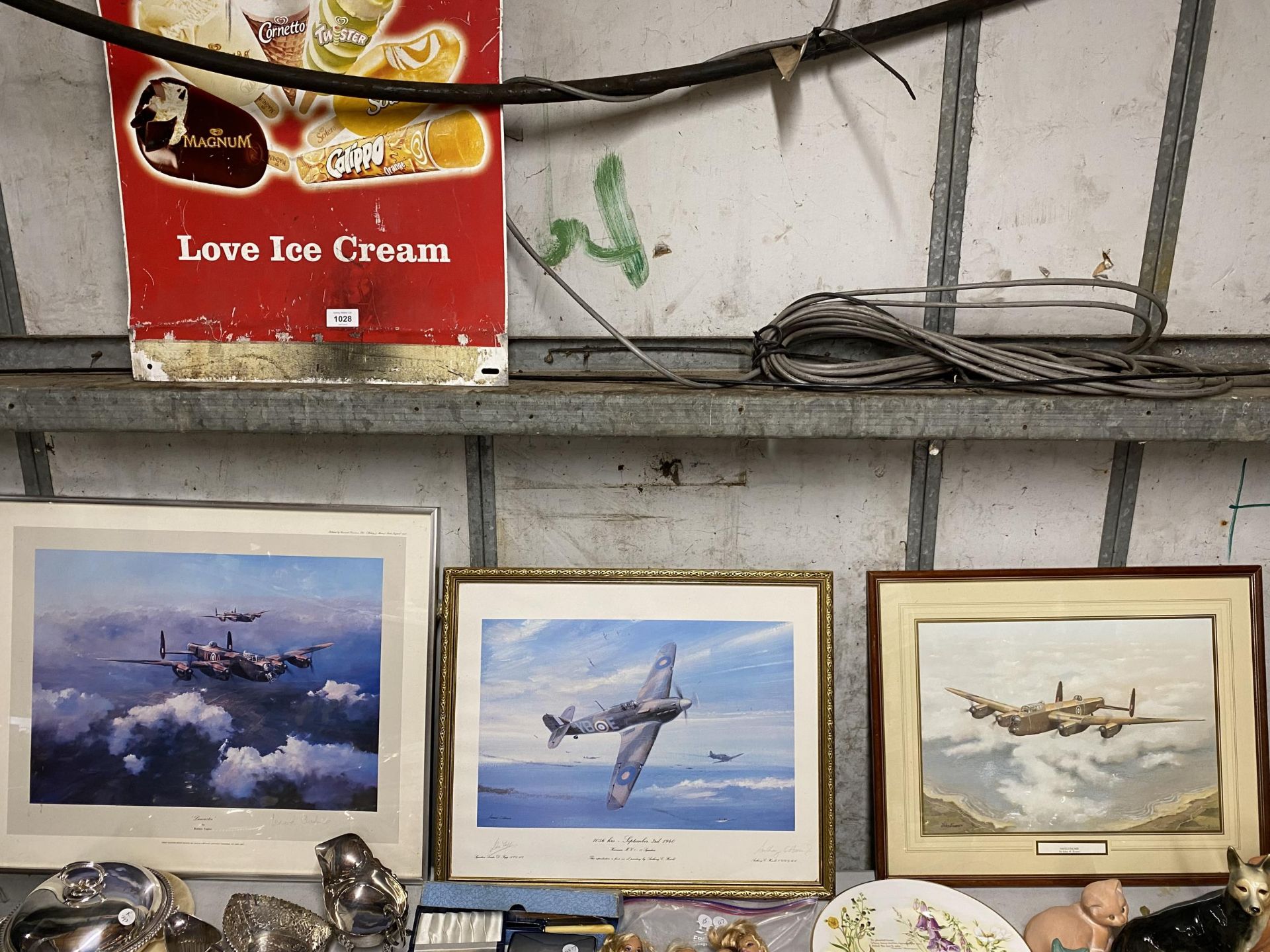 THREE FRAMED PRINTS OF FIGHTER PLANES TO INCLUDE A LANCASTER BOMBER AND SPITFIRE WITH PENCIL