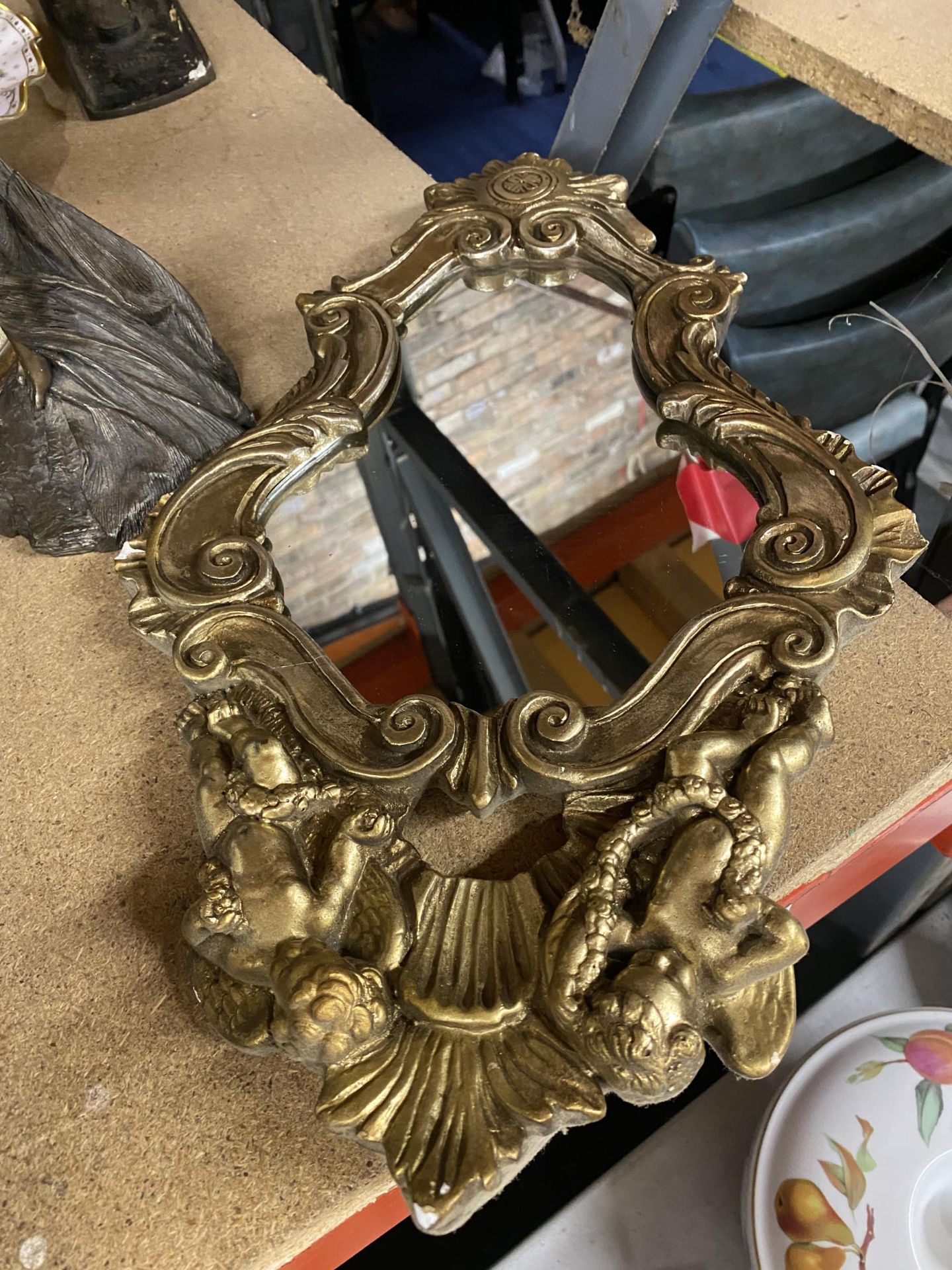 AN ORNATE GILT FRAMED SMALL MIRROR WITH CHERUB DECORATION AND AN ART DECO STYLE 'SOUL JOURNEYS - Bild 2 aus 3