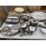 AN ASSORTMENT OF STAINLESS STEEL KITCHEN ITEMS TO INCLUDE TRAYS, TEAPOTS AND A SET OF HARPER