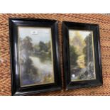 A PAIR OF OILS ON CANVAS IN EBONISED FRAMES - 'RIVER DEE, CHESHIRE' & 'MAYBURN WYKE, YORKSHIRE',