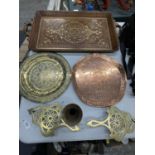 A QUANTITY OF BRASS ITEMS TO INCLUDE A BRASS INLAID WOODEN TRAY, TRIVETS, A WALL PLATE PLUS A COPPER