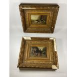 A PAIR OF GILT FRAMED OILS ON BOARD DEPICTING DOGS & FOXES, BELIEVED HENRY ALKEN, 32 X 27CM